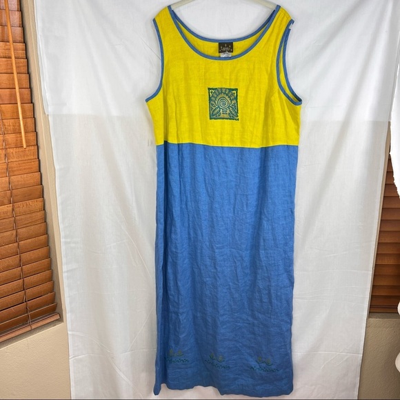 blue catus Dresses & Skirts - Blue Cactus Women dress Sz 3x Made In USA Yellow Blue Maxi Art to Wear Coastal